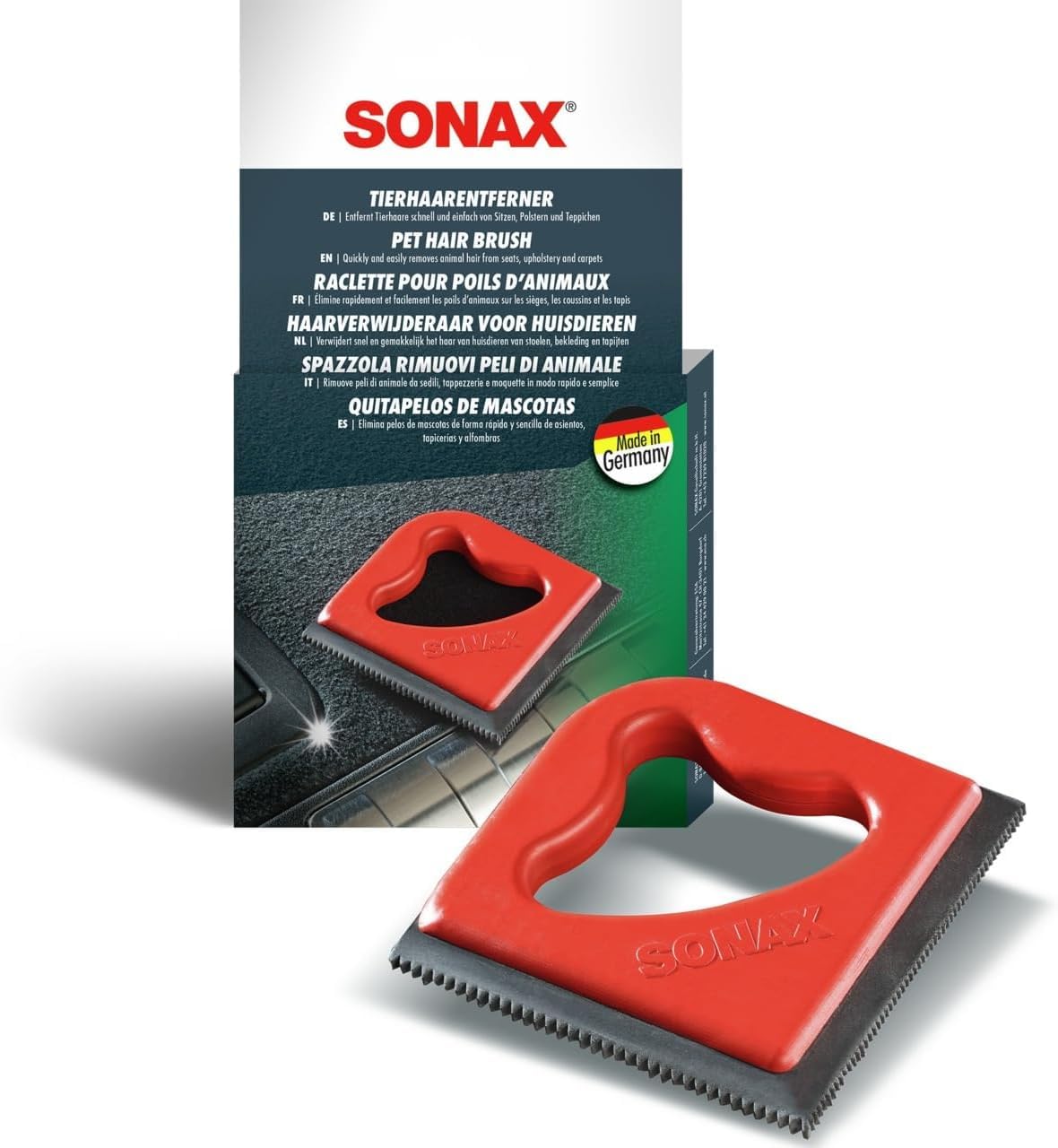 SONAX Spazzola ergonomica rimozione peli animali (1 pezzo) elimina peli facilmente da sedili tappezzeria e tappeti | Art. N. 04978000