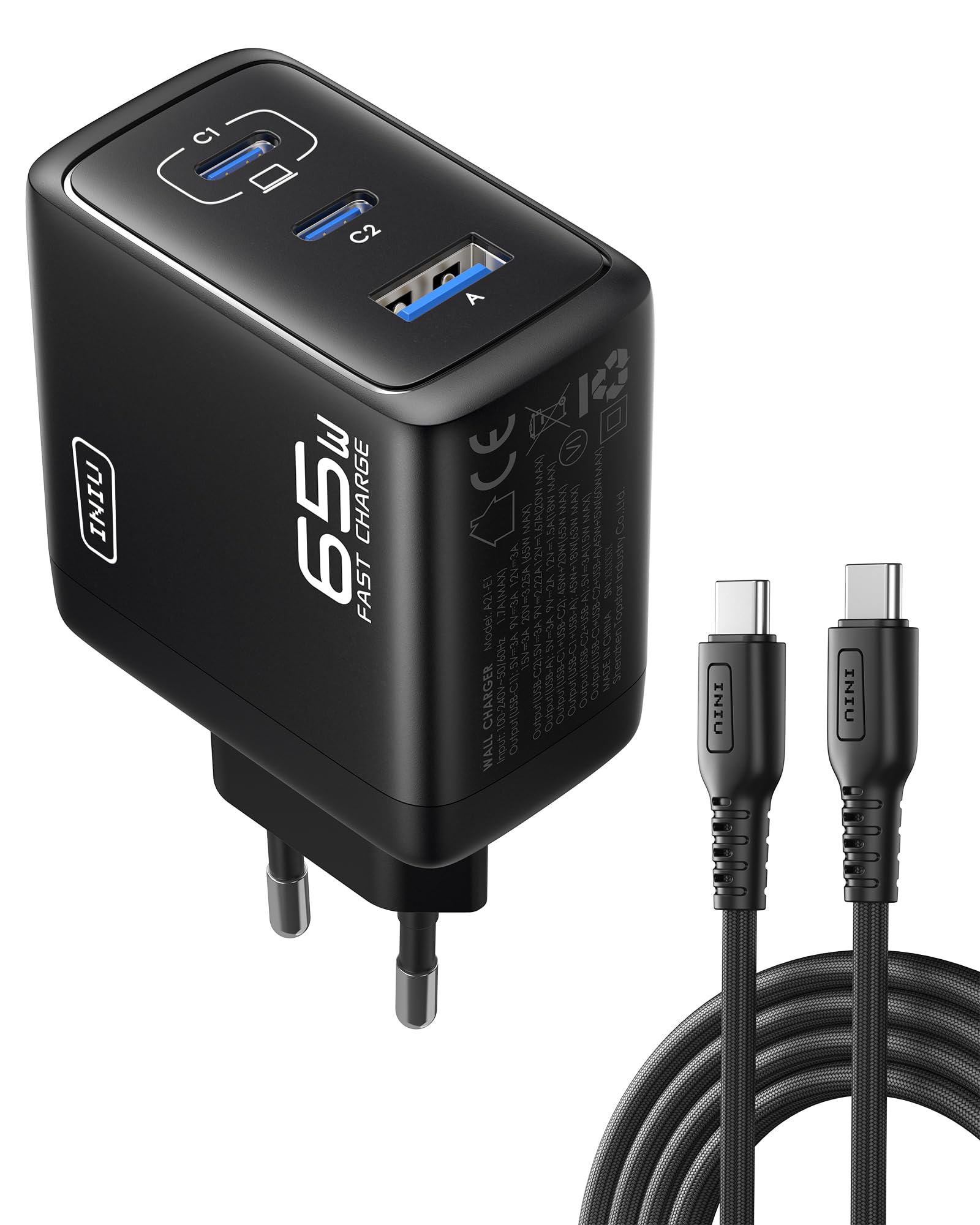 INIU Caricatore USB C Rapido 65W, 3-Porte GaN Caricabatterie con 1.5m Cavo | Protezione Avanzata, Spina Pieghevole, Tecnologia GaN, per MacBook Pro, iPad Air iPhone 17 16 15 Pro M…