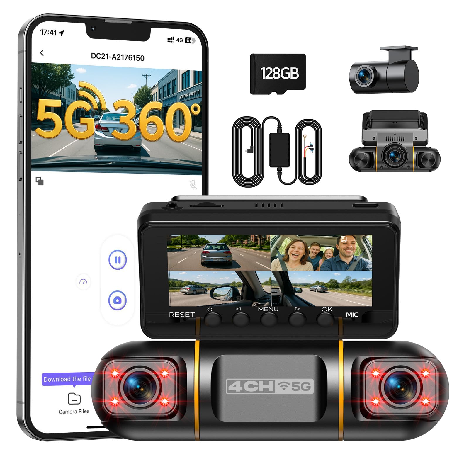 LAMTTO 360° 4 Canali Dash Cam Auto, Schermo da 3,16" 5G WiFi & Controllo APP Dashcam, 1080P*4 Telecamera per Auto con Scheda SD 128G,IR Visione Notturna, 24H Monitor di Parcheggio…