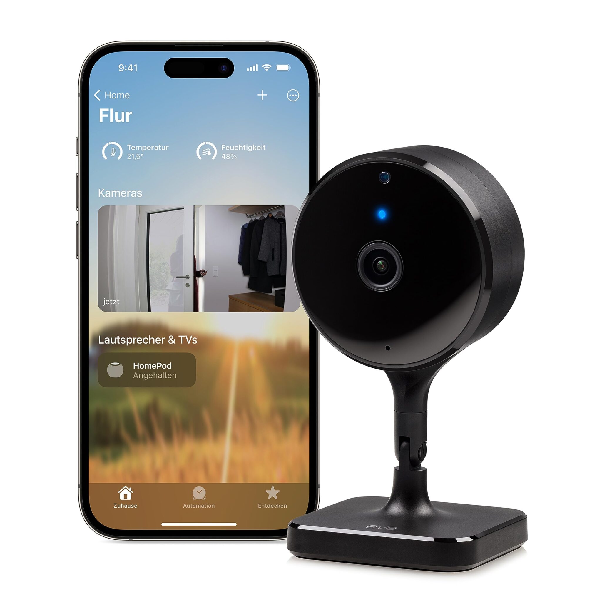 EVE Cam - Videocamera intelligente per interni, risoluzione di 1080p, privacy al 100%, Video sicuro di HomeKit, notifiche su iPhone, microfono e altoparlante, vista notturna, inst…