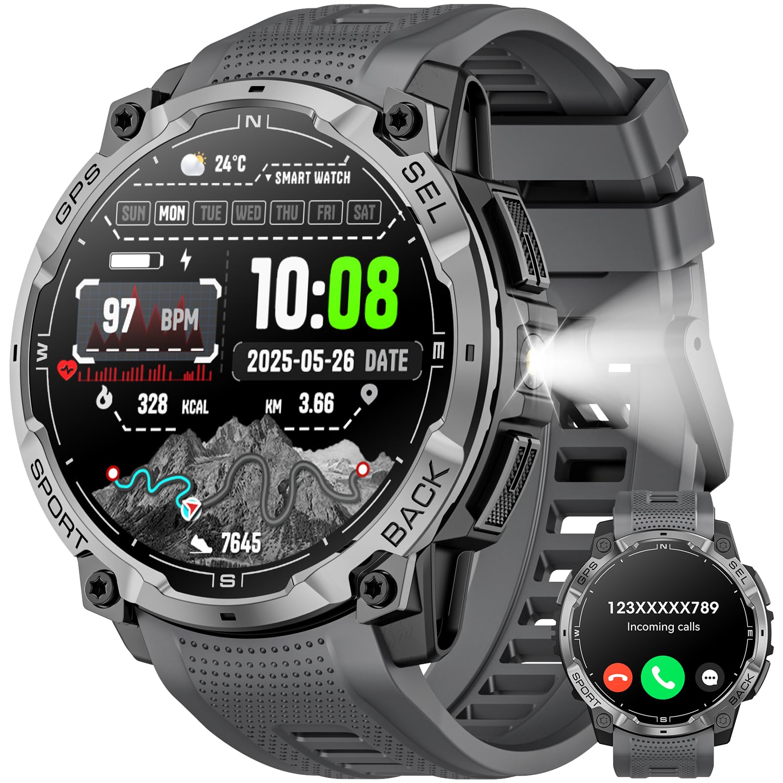 Smartwatch Uomo con GPS, 1.43" AMOLED HD Orologio Smart Watch Militare con Chiamata Bluetooth, Torcia LED, Bussola, Cardiofrequenzimetro, 100+ Modalità Sportive Fitness Tracker pe…