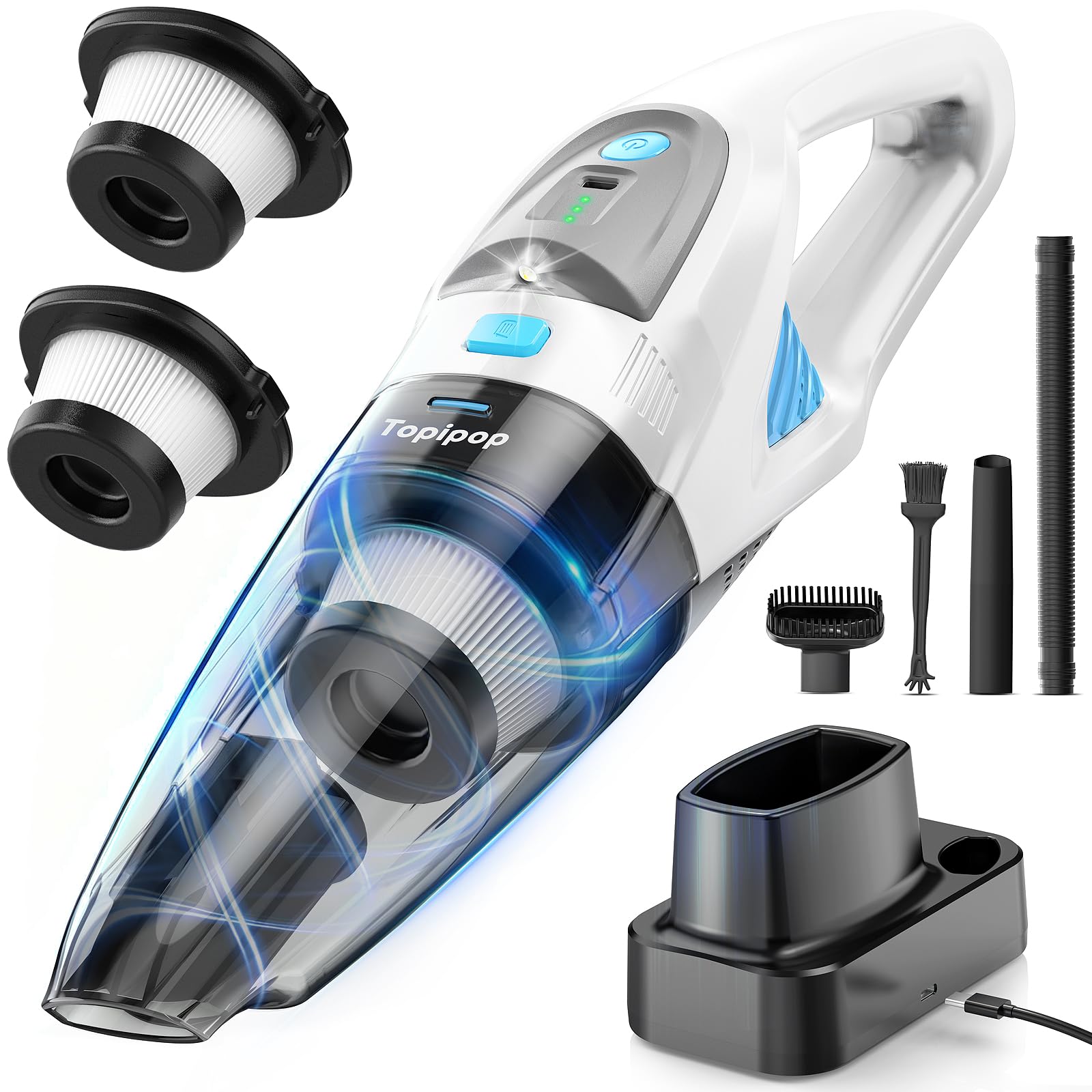 Topipop Aspirabriciole senza fili, 25000Pa, stazione di ricarica inclusa | Aspirapolvere portatile, con filtro HEPA lavabile, batteria 8000mAh, LED, 3 spazzole per casa, peli anim…