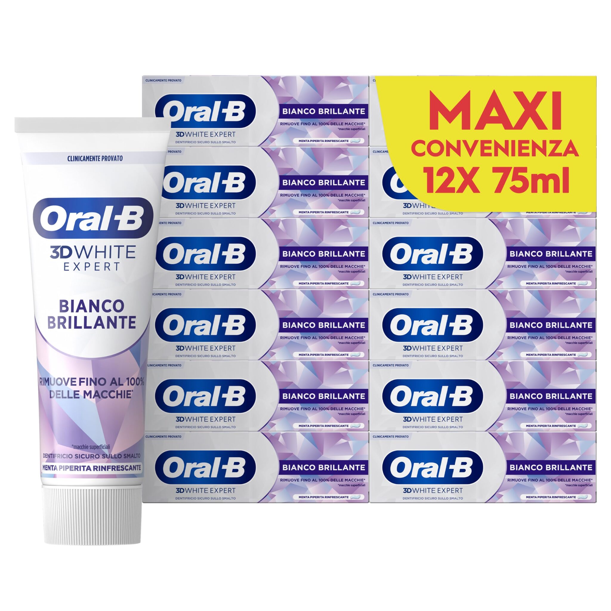 Oral-B Dentifricio Sbiancante 3D White Expert Bianco Brillante, 12x75 | Tecnologia Sbiancante Avanzata, Rimuove Fino al 100% delle Macchie Superficiali. Sapore Menta Piperita, 12…