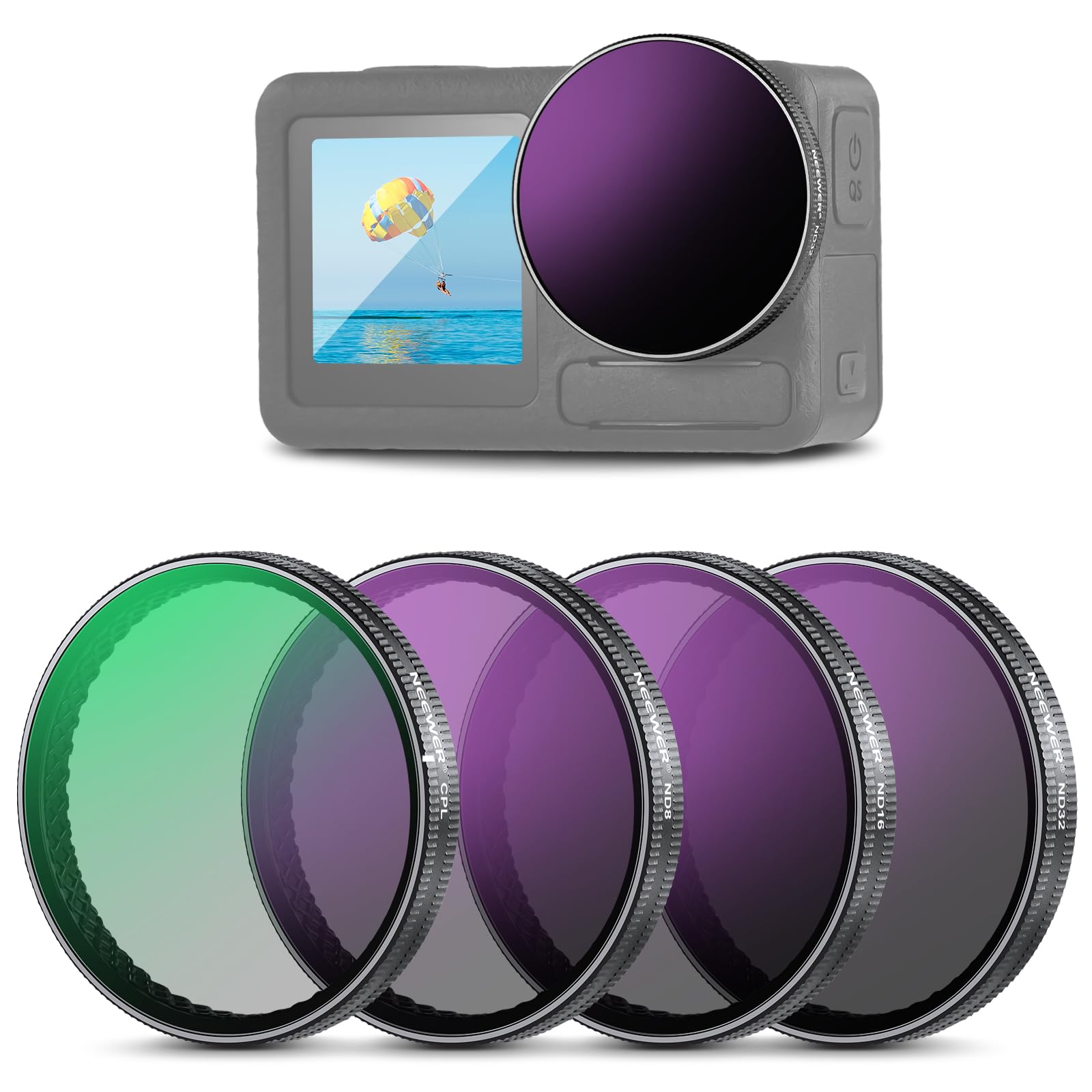 NEEWER Snap On ND Set Filtri Compatibile con DJI Osmo Action 5 Pro/4/3 | 4pz ND8+ND16+ND32+CPL, Action Camera Accessori, Directly Supporto On Original Glass Lens Cover, Non Per Os…