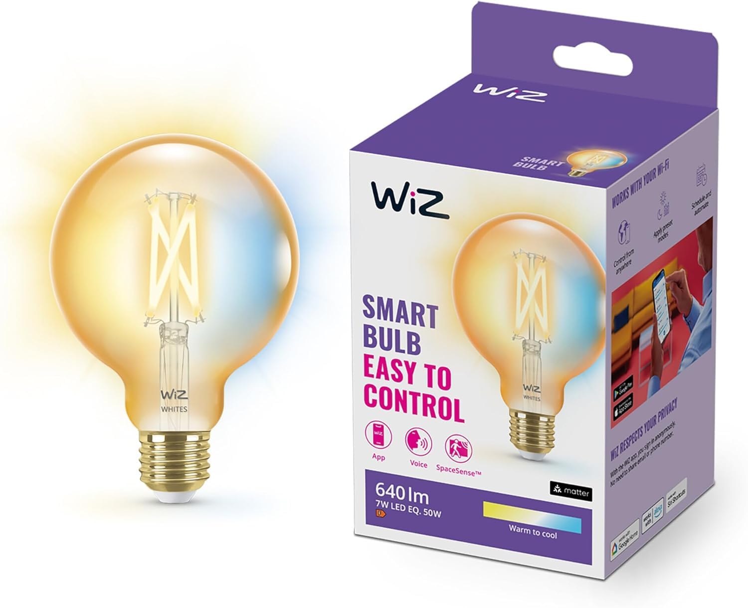 WiZ Lampadina Globo Smart LED WiFi, Luce Bianca da Calda a Fredda, Filamento Ambrata, E27, equivalente a 50W, Tecnologia SpaceSense, Controllo Vocale (Alexa, Apple HomeKit, Google…