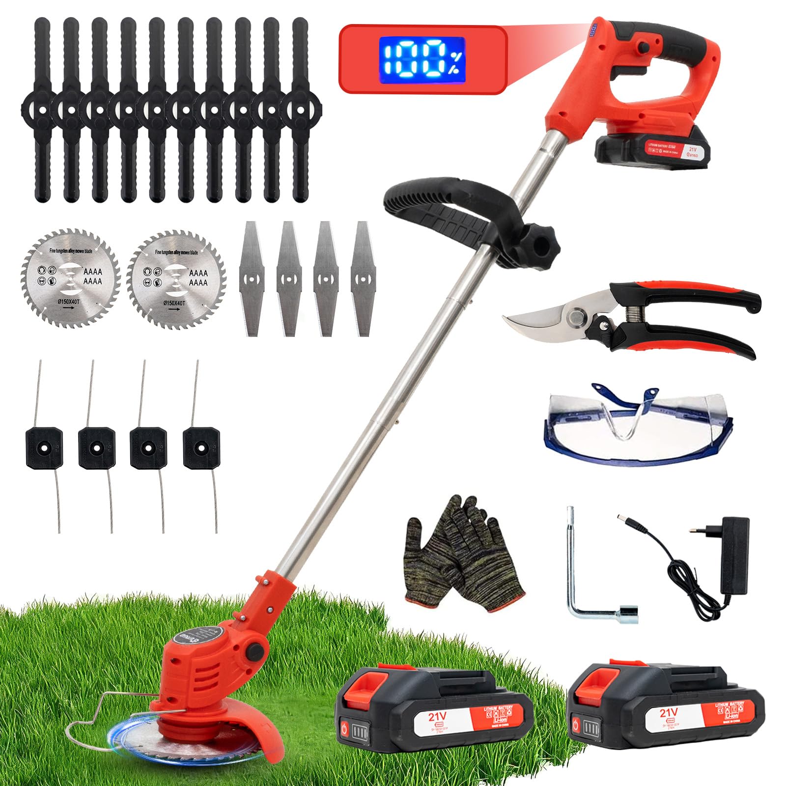 OUTIGO Decespugliatore a Batteria, Decespugliatore Elettrico a Batteria, dotato di 2 batterie e 4 lame, Tosaerba a batteria Tosaerba Pieghevole da 800W,adatto per tagliare l'erba…