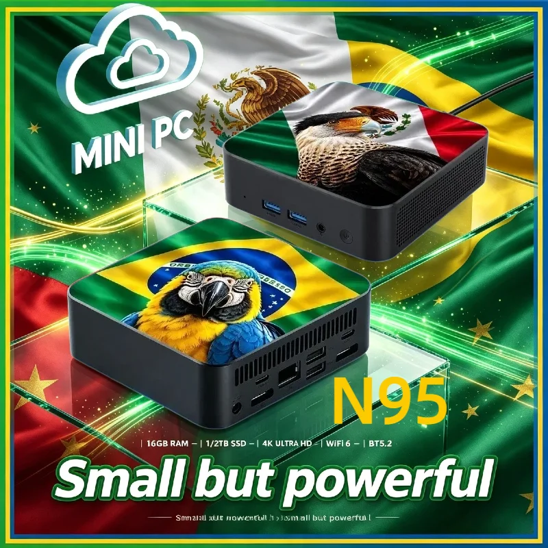 Mini PC con Bandiera del New Mexico e del Brasile, Intel Core N95, 16GB RAM, 2TB SSD, WiFi6, BT5.2, Desktop Compatto ad Alte Prestazioni per Ufficio e Gaming