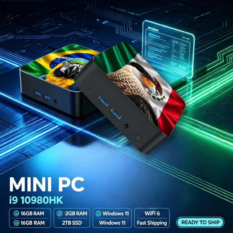 Mini PC Pro 2026 con Bandiera Messico Brasile, Core i9-10980HK, 16GB RAM, 2TB SSD, WiFi6, BT5.2, Uscita 4K per Ufficio e Gaming, Desktop Compatto