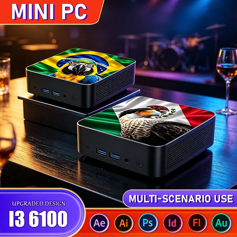 Potente Mini PC da Gaming Portatile con Bandiera del New Mexico e del Brasile, Core i3 6100, 16GB, 2TB SSD M.2, Win11, 4K@60Hz HD