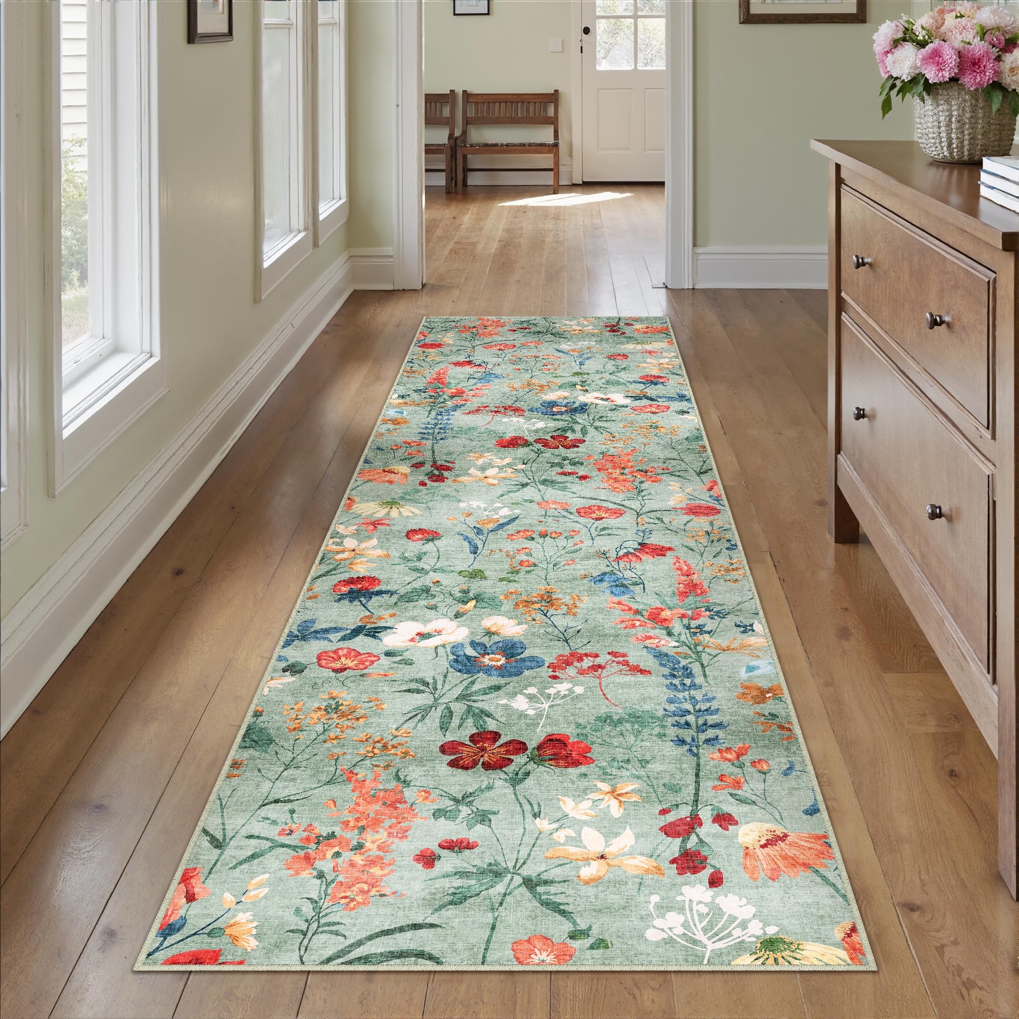 HUGEAR Tappeto Corridoio 60x240cm Verde Moderno | Pelo Corto,Antiscivolo,Scendiletto,Lungo,Motivo Floreale,Lavabile in Lavatrice