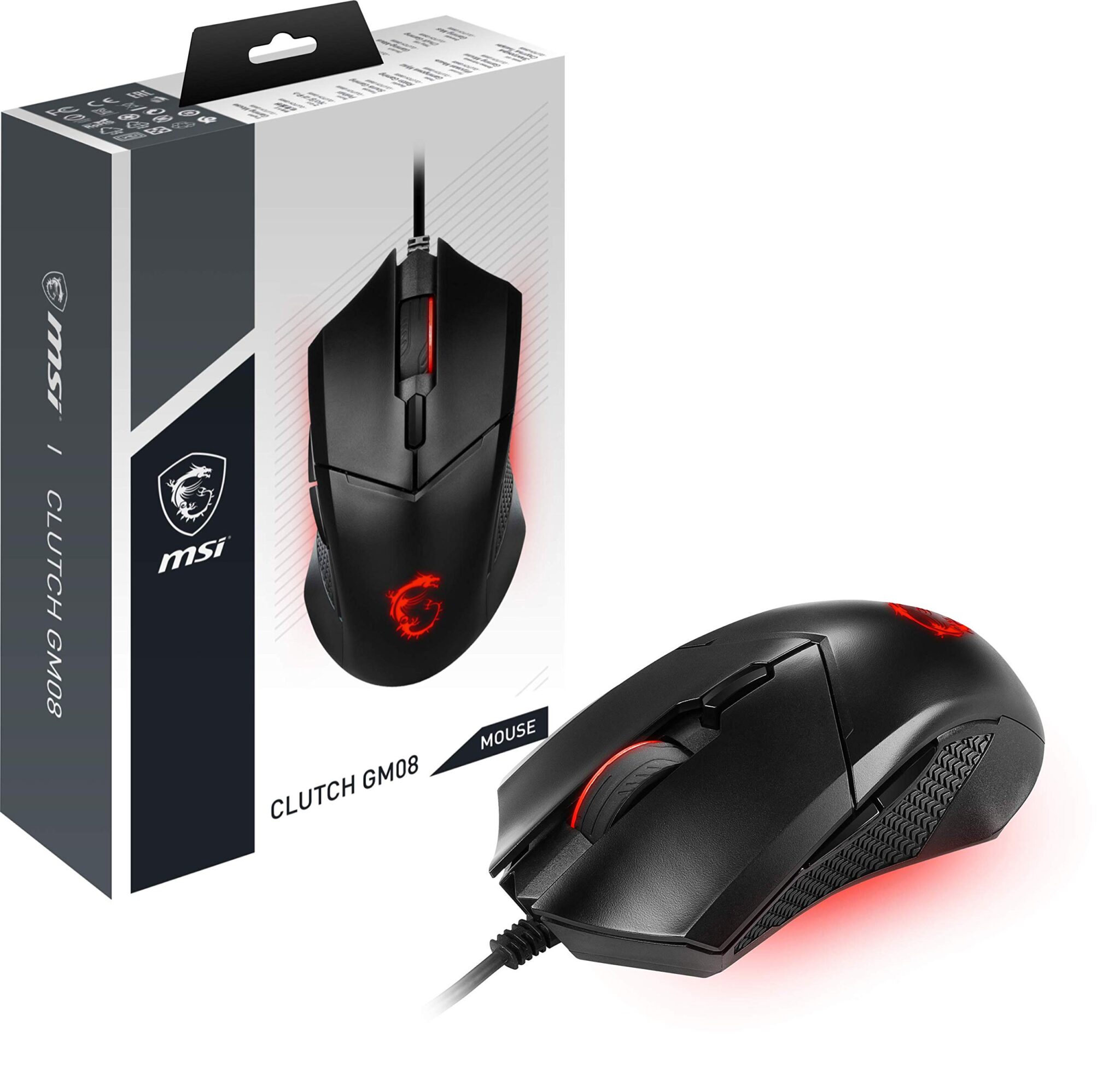msi Clutch GM08 - Mouse Gaming simmetrico USB, LED Rosso, Sensore Ottico PAW 3519 (4200 DPI), Switch fino a 10 mln di click, sistema di pesi modificabili, Nero