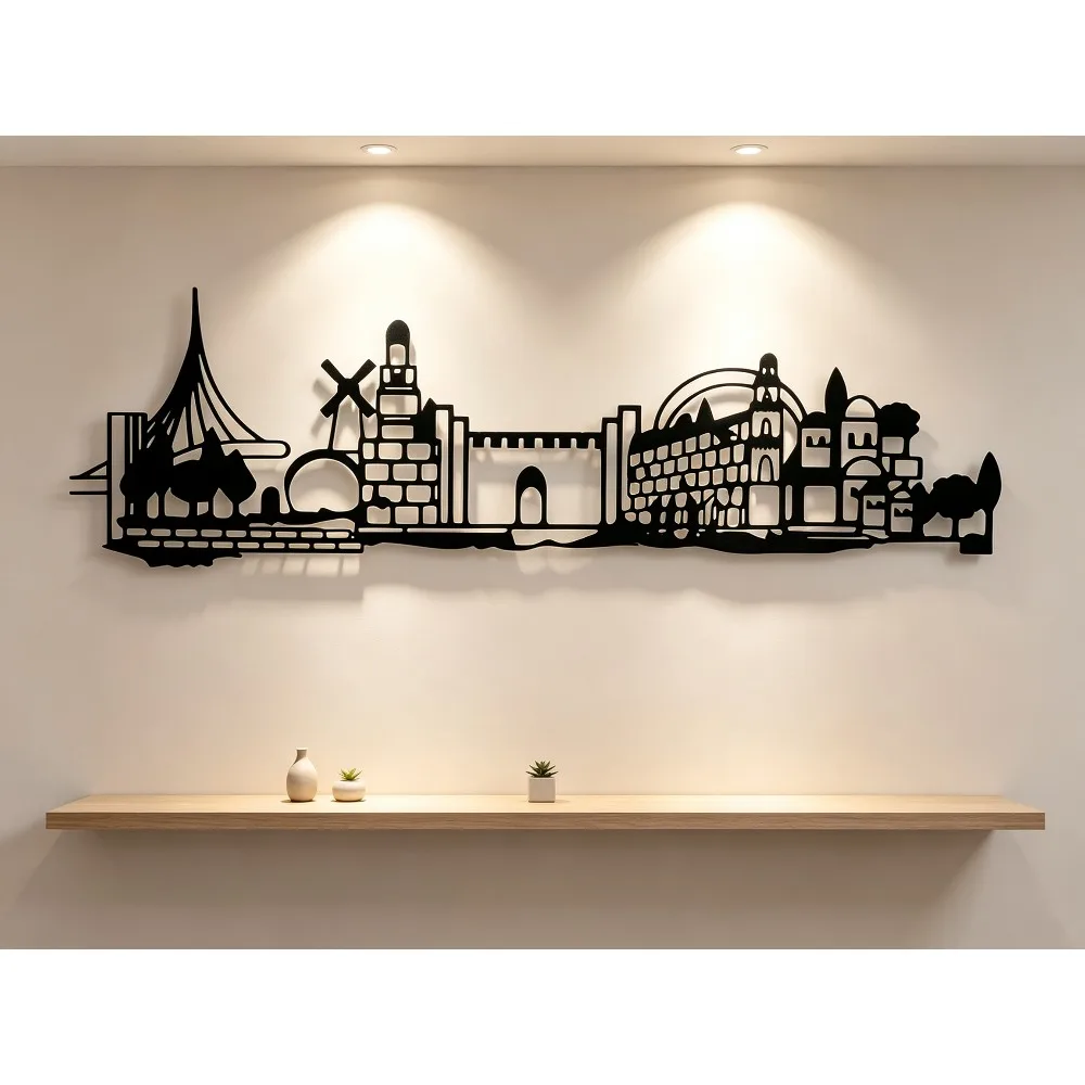 CIFBUY Decorazione da parete in metallo con skyline di Gerusalemme, decorazione da parete vintage con silhouette della città antica e stella di David, opera d'arte rustica in ferro
