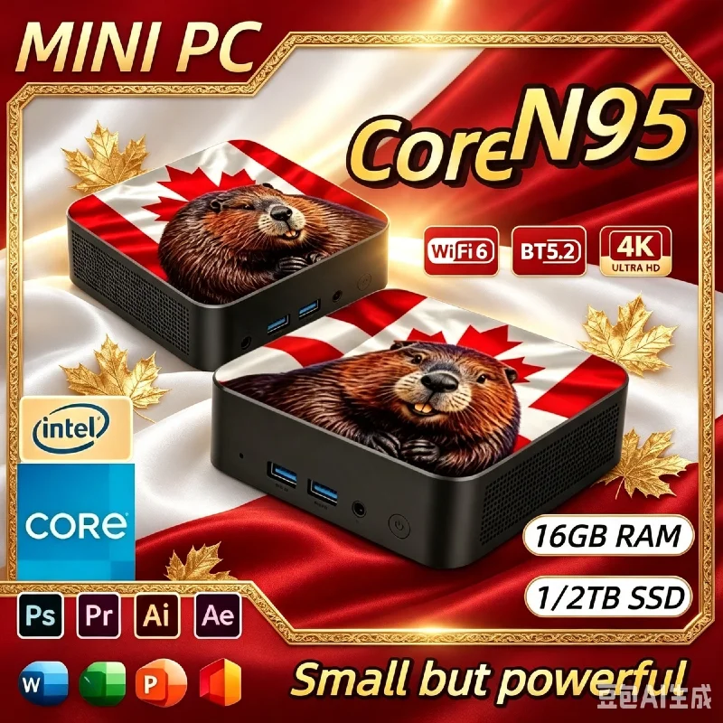 Mini PC Ultra-Portatile con Bandiera del Canada, Intel Core N95, 16GB RAM, 1TB SSD, Win11, WiFi 6, BT5.2, Computer Desktop ad Alta Velocità per Uso Ufficio