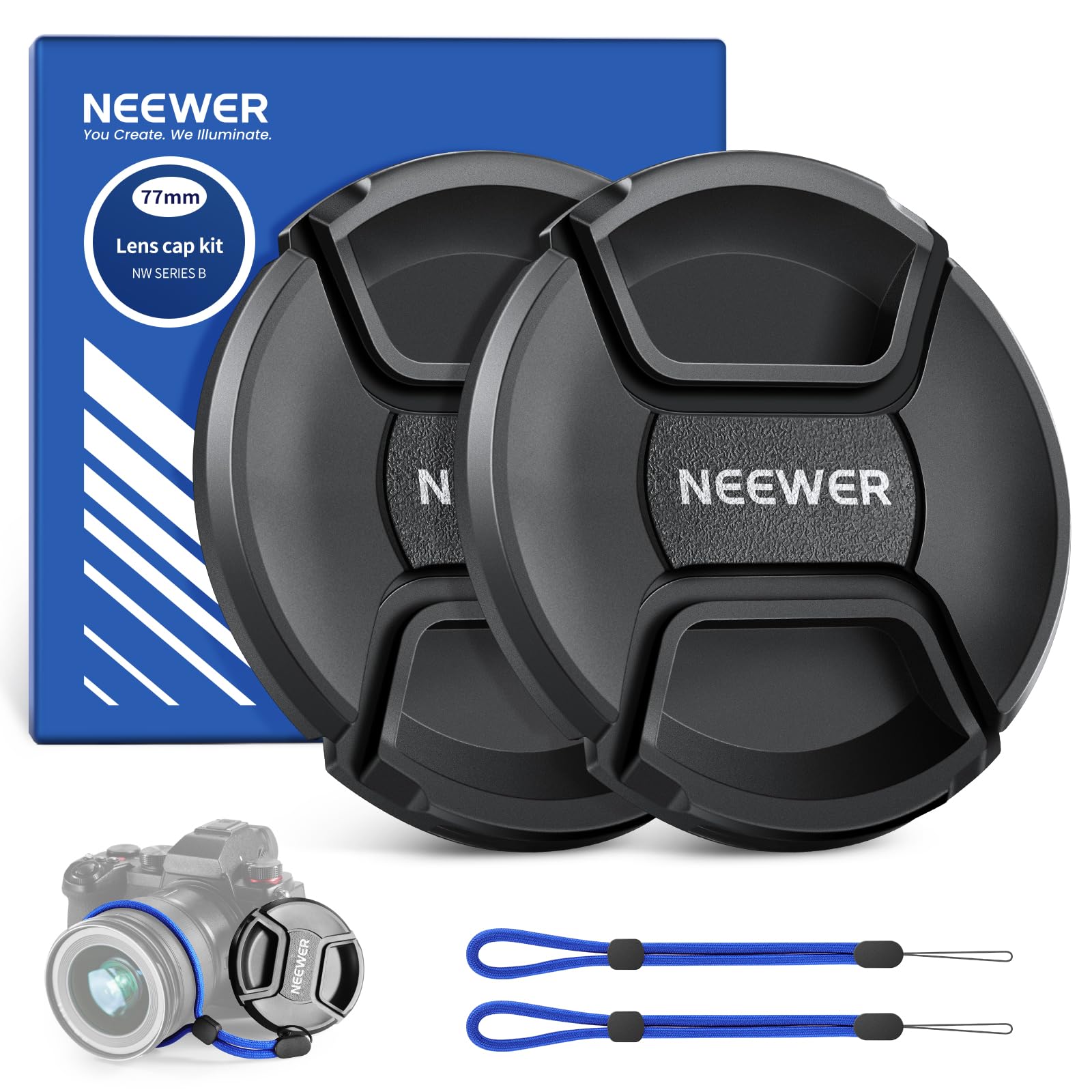 NEEWER 77mm Kit Tappi Obiettivo (2 Pack) | Tappo Obiettivo con Anti Perdita Strap, Panno, per Canon Nikon Sony Fujifilm Panasonic Obiettivo Camera of 77mm Diameter
