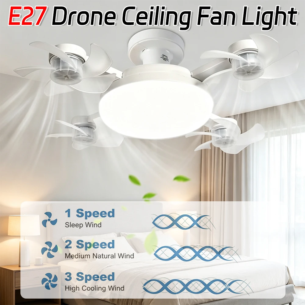 Ventilatore da Soffitto LED E27 con Luce, 3 Colori, Dimmerazione Continua, Lampada Decorativa con Telecomando per Camera da Letto, Soggiorno, Cucina