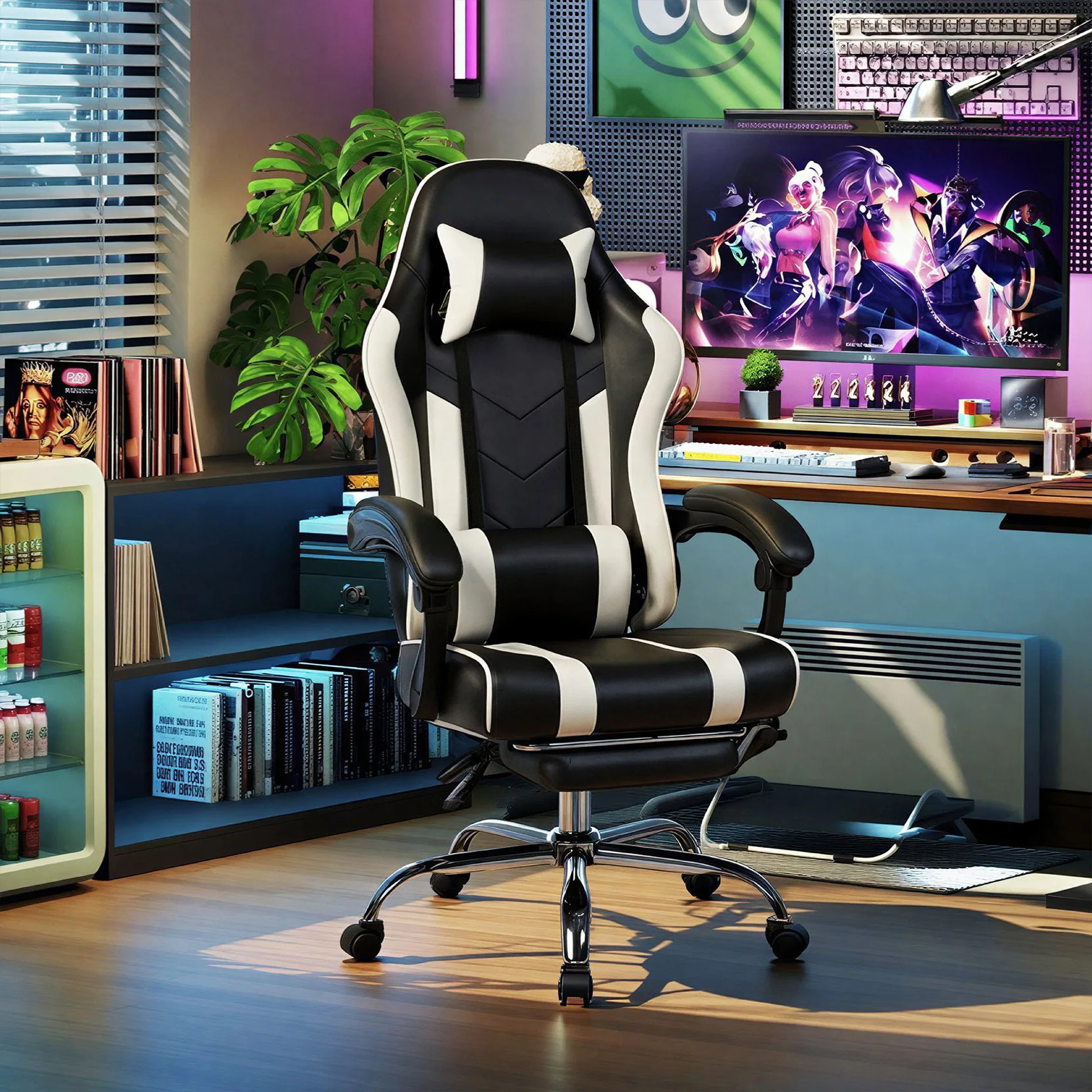 Sedia da Gaming Nera e Bianca con Poggiapiedi, Stile Racing, in Pelle PU, Reclinabile, Ergonomica, con Schienale Alto, Girevole, per Ufficio e Gaming, con Poggiatesta e Cuscino Lo…