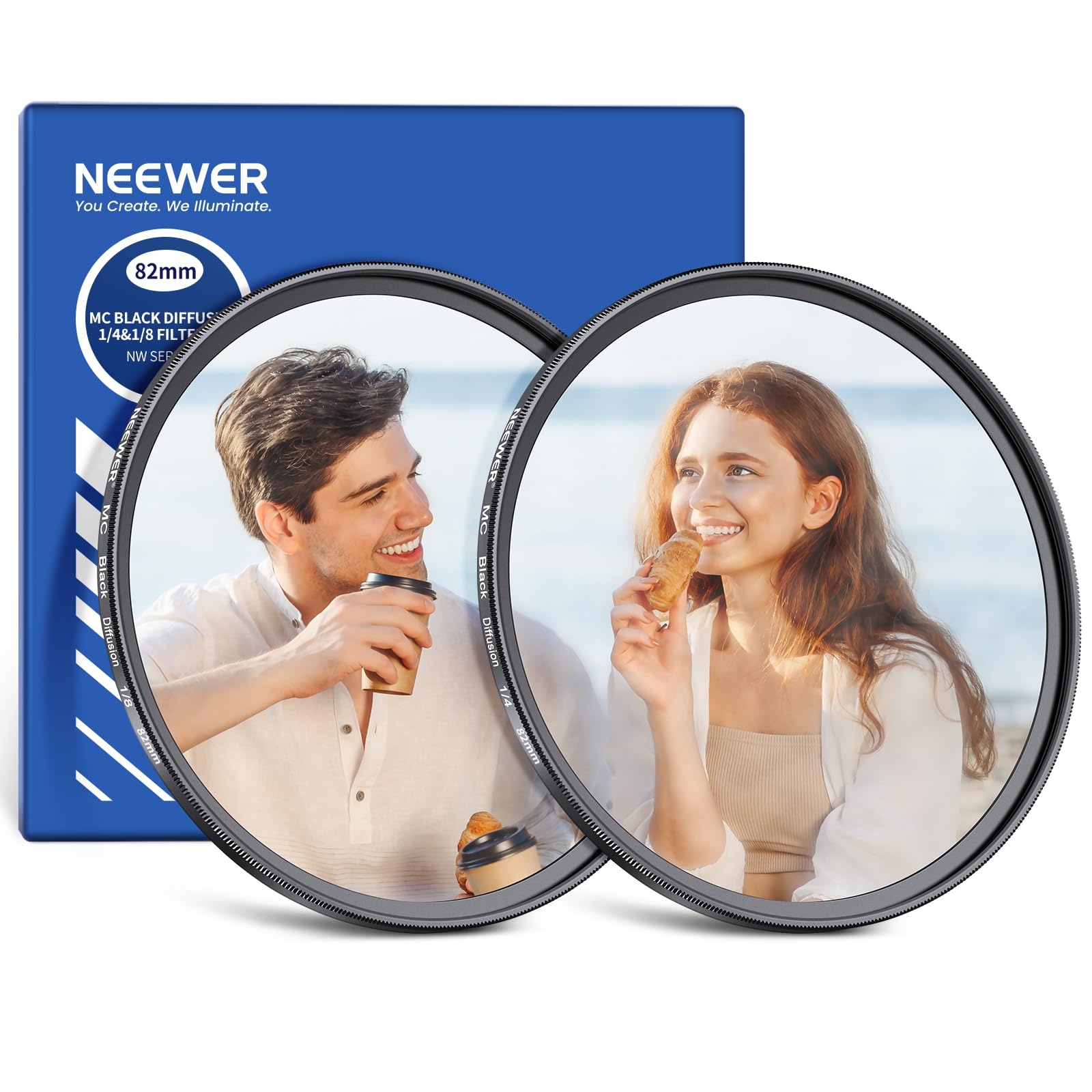 NEEWER 82mm Black Diffusion 1/4 & 1/8 Filtro Per Effetto Mist Cinematic (2 Pack), Set di Filtri Multistrato per Fotografia di Ritratti, con Custodia e Panno per La Pulizia