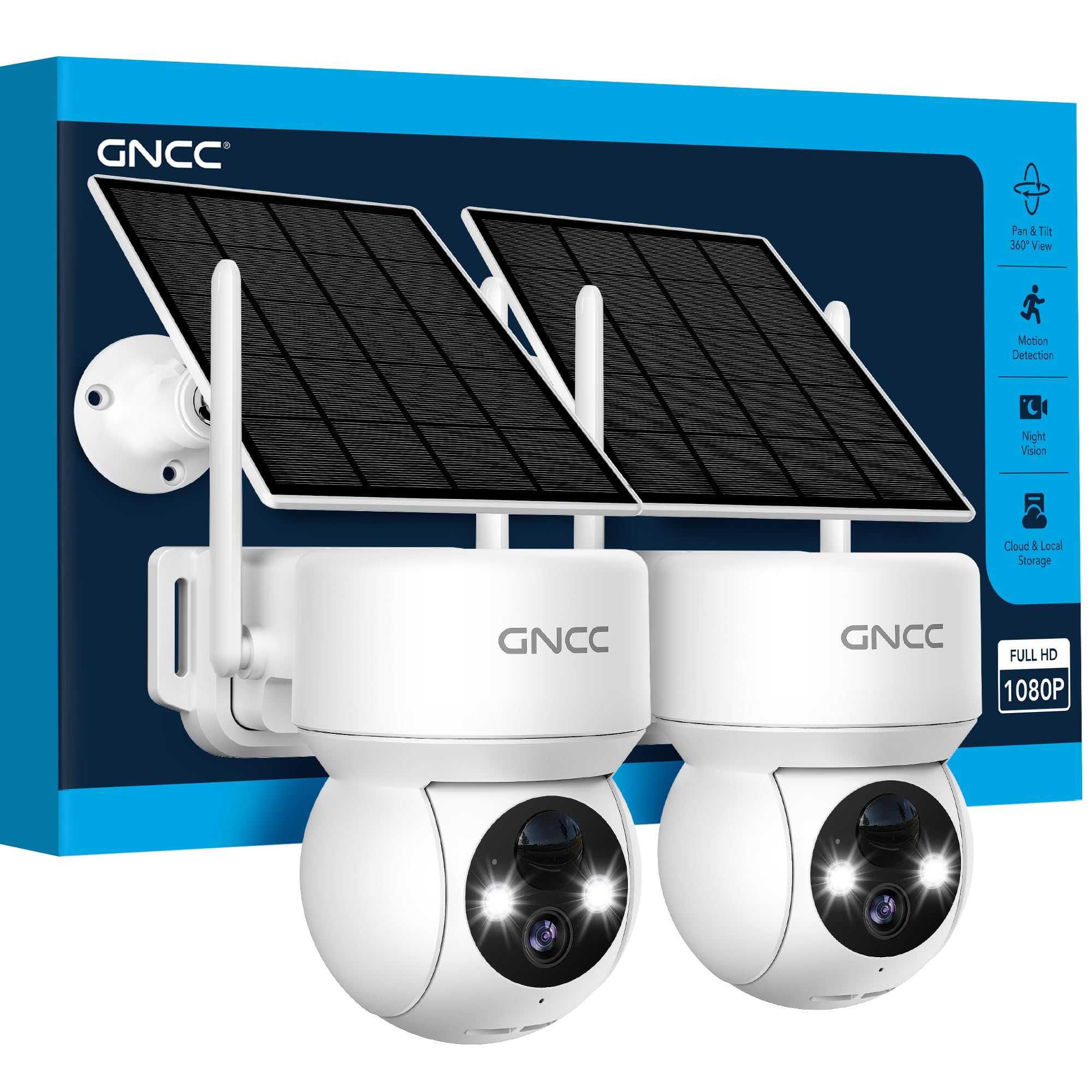 GNCC Telecamera Wi-Fi Esterno Senza Fili con Pannello Solare, 2PCS | Videocamera Sorveglianza a Batteria, 360° PTZ, Rilevazione Movimento PIR, Visione Notturna a Colori, Audio Bid…