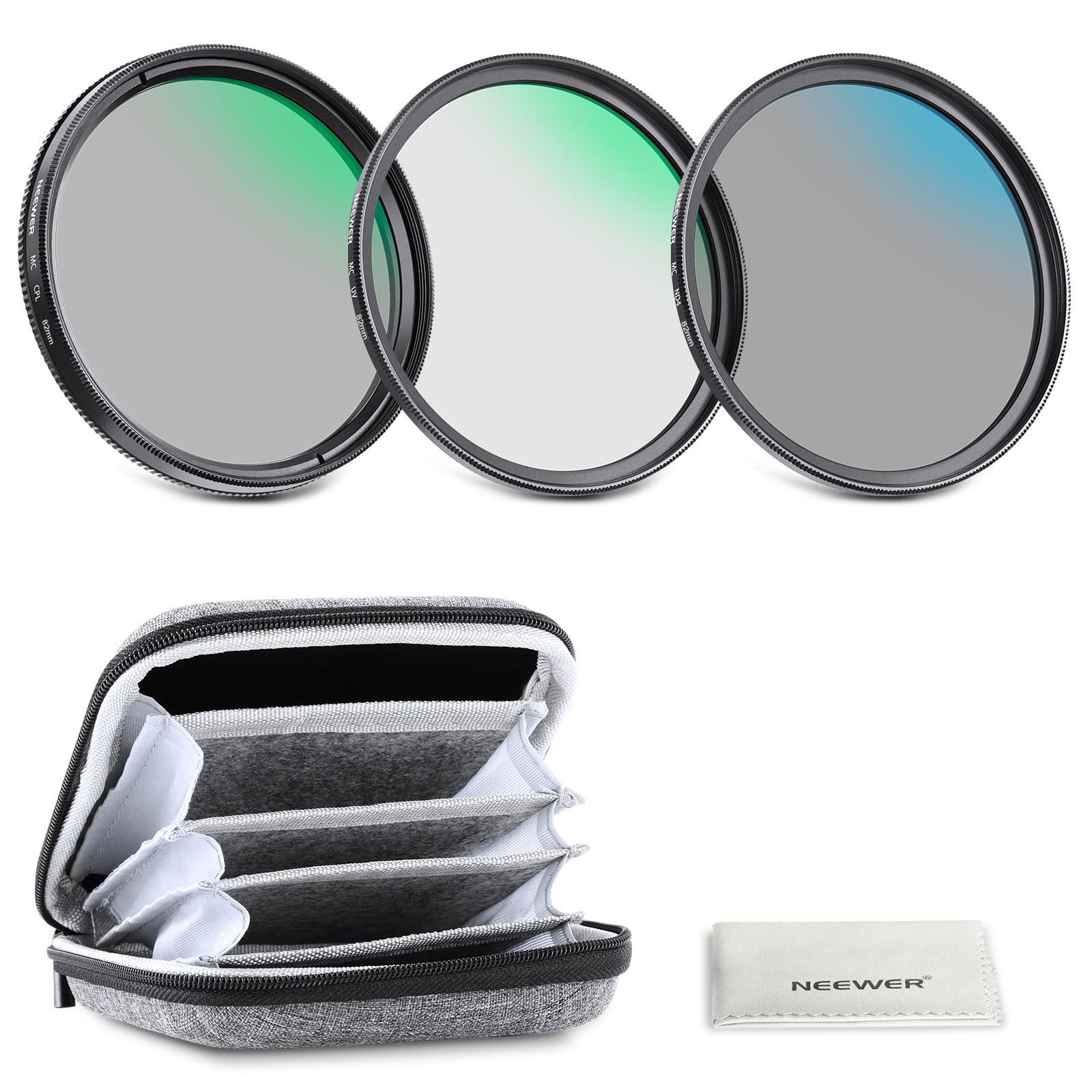NEEWER Kit Filtri UV/CPL/ND per Obiettivi da 82mm con Custodia, Vetro Ottico Multistrato e Telaio in Lega di Alluminio, Filtro UV + Polarizzatore Circolare(CPL) + Densità Neutra(N…