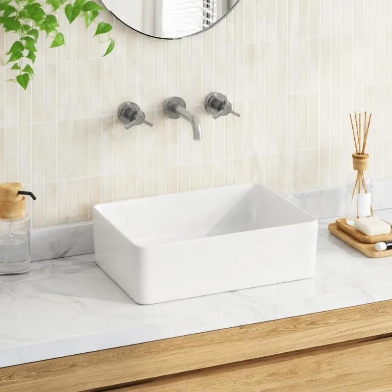 Lavabo da Appoggio Rettangolare in Ceramica Bianca 40 x 30 x 13 cm, Foro di Scarico 4,5 cm, Finitura Lucida Igienica, Facile da Pulire, Resistente, Installazione Semplice per Bagn…
