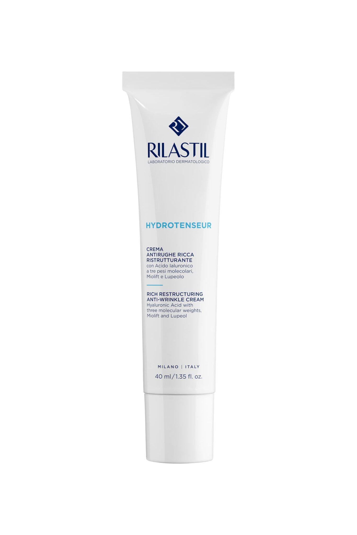 Rilastil Hydrotenseur Crema Viso Ricca Antirughe Ristrutturante, Texture Ricca e Corposa con Acido Ialuronico per Pelli Secche, Confezione 40 ml
