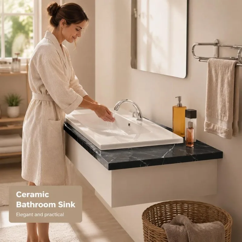 Lavabo in Ceramica Smaltata 91 x 39,5 x 18,5 cm con Troppopieno Integrato, Superficie Vetrificata, Design Contemporaneo, Facile da Pulire, per Bagno e Spogliatoio, Decorazione Int…