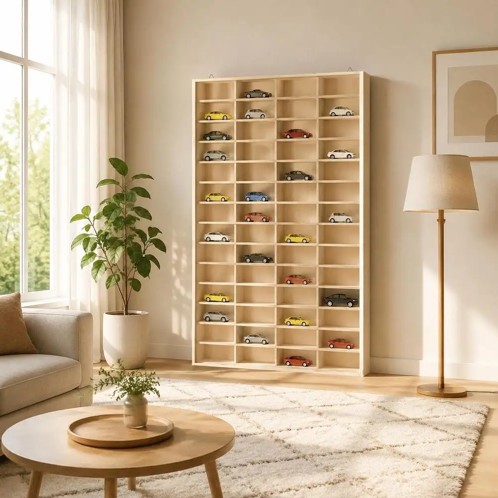 Vetrina da Parete in Legno, Scaffale con 56 Scomparti per Oggetti da Collezione, Materiale in Legno Naturale, Organizzatore per Arredamento Casa, 40x4,5x60 Cm