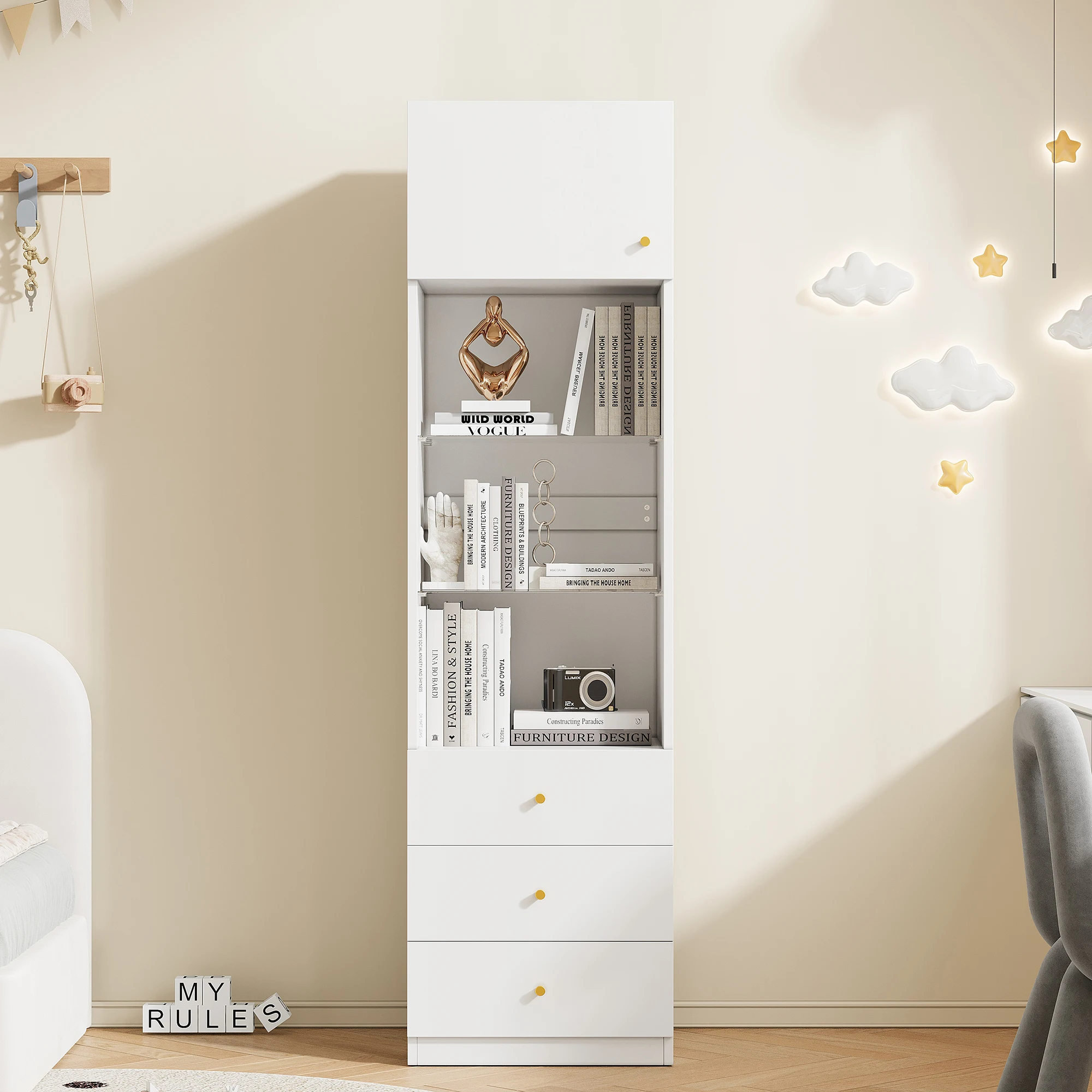Mobile contenitore bianco con ante in vetro e cassetti, ripiani regolabili, vetrina alta con ripiano aperto, libreria minimalista per corridoio e camera da letto, mobile moderno p…