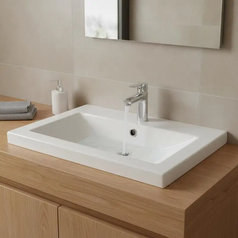 Lavabo da incasso in ceramica bianca 61×39,5×18,5 cm con bordo spesso 4 cm, troppopieno integrato e foro di scarico da 4,5 cm. Superficie liscia e smaltata, facile da pulire, adat…