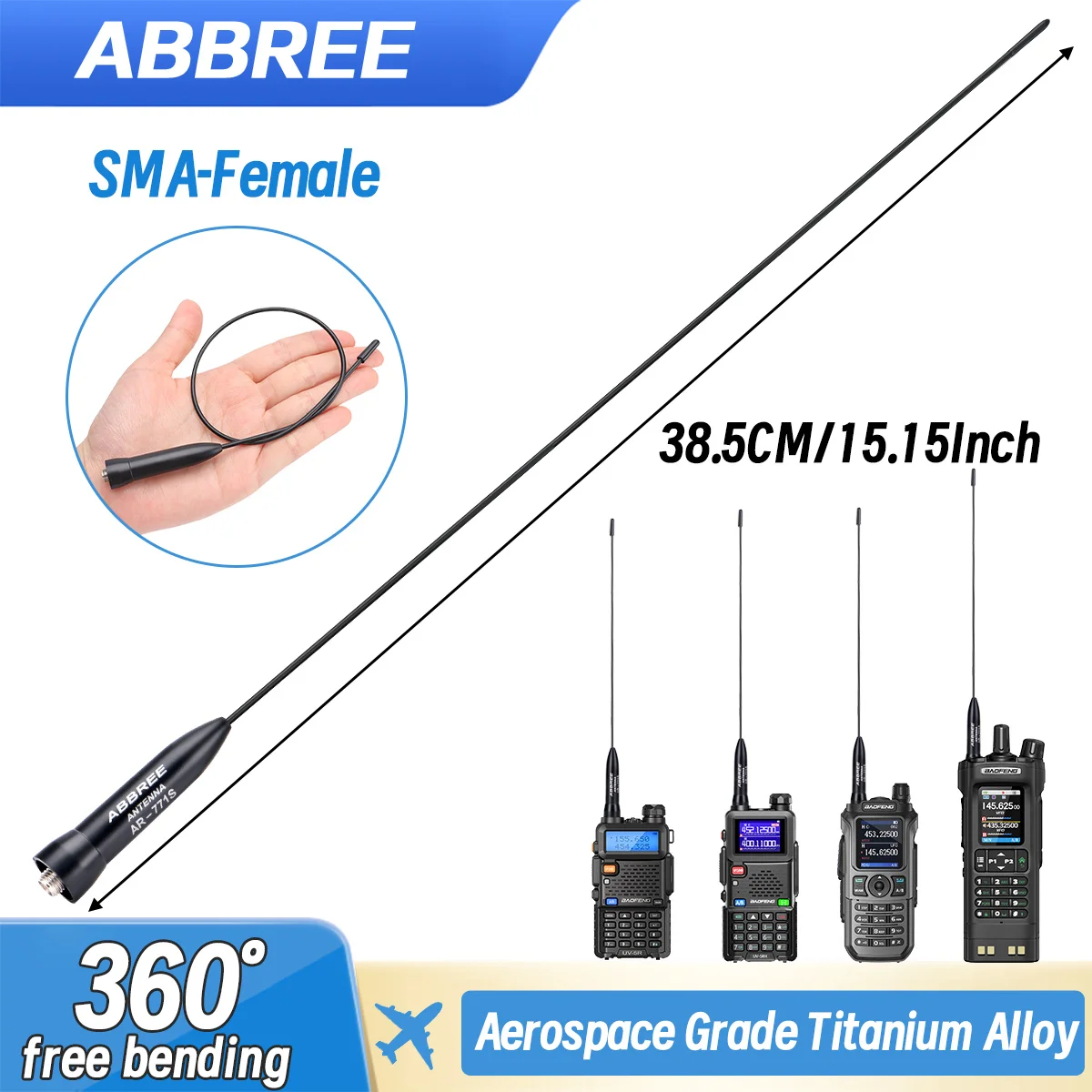 ABBREE AR-771S Aviazione + Materiale Titanio Antenna Dual Band SMA-Femmina UHF VHF Per Baofeng UV-5R UV-32 UV-21 PRO Quansheng UV-K6