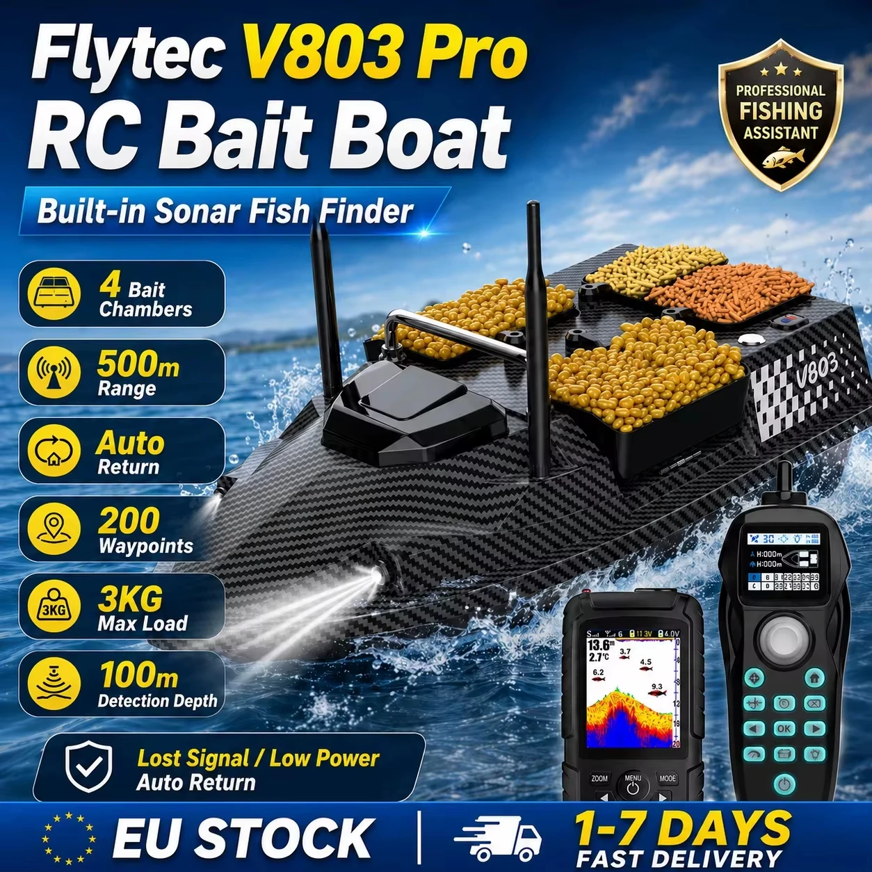 Flytec V803 Pro Barca Telecomandata per la Pesca con Sonar Integrato, 4 Scomparti per Esche, Ritorno Automatico in Caso di Perdita di Energia, 200 Punti di Riferimento, Portata di…