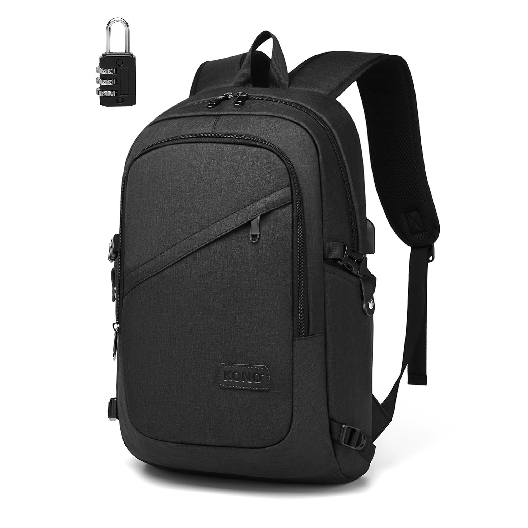 KONO Zaino Porta PC 15,6 Pollici, Zaino da Lavoro Uomo con Lucchetto | Leggero con Porta USB, Zaino PC Impermeabile per Università, Zaino da Viaggio e Scuola per Adolescenti, Stud…