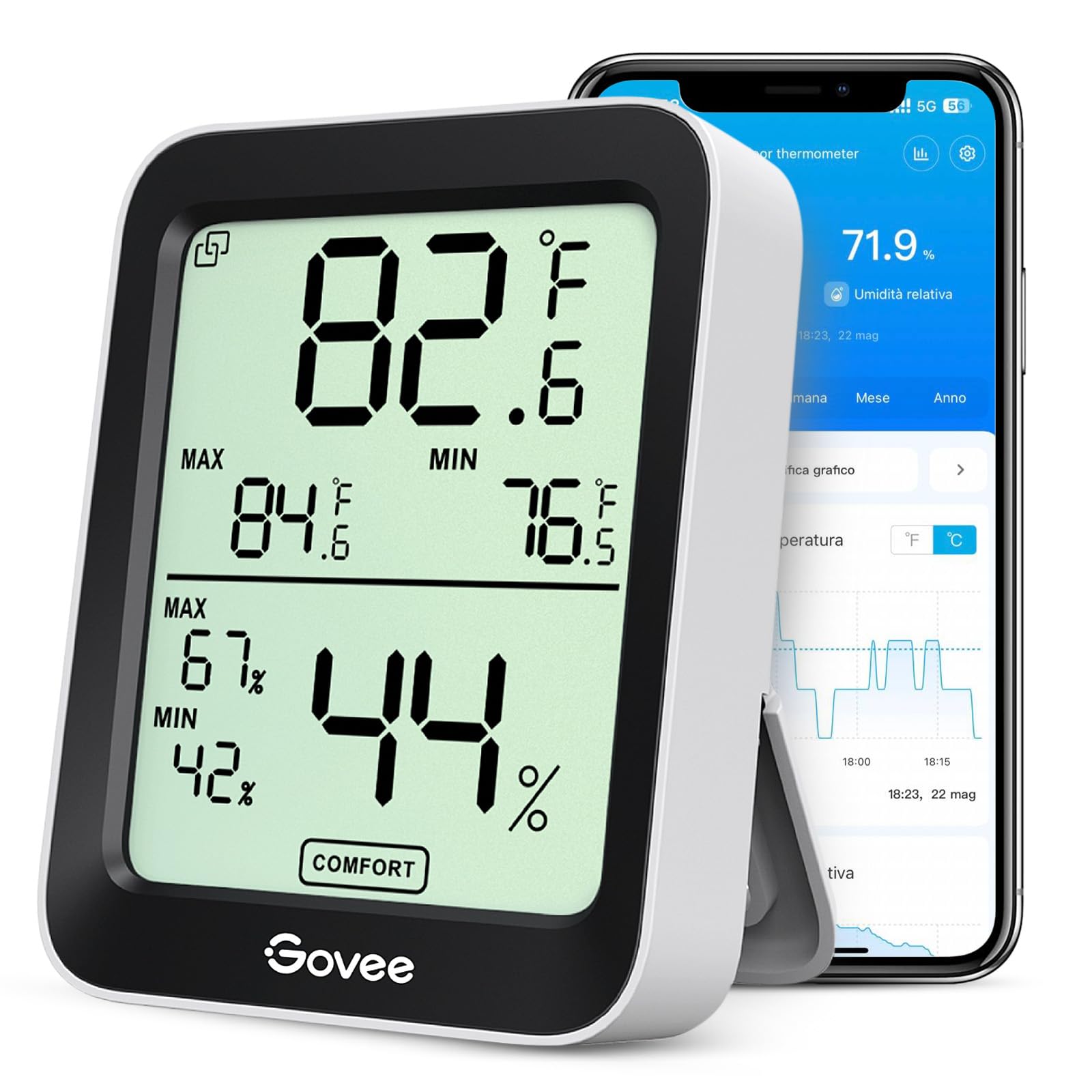 Govee Igrometro Termometro Bluetooth Interno con Avvisi App | Sensore di Temperatura e Umidità Digitale, Display LCD, Memoria Dati, Per Casa, Rettili, Serra, Garage, Cantina di Vi…