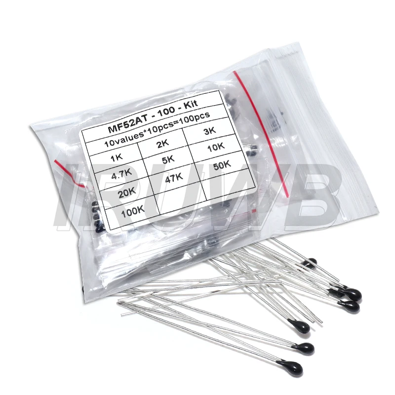 100 pezzi NTC-MF52AT 1K 2K 3K 4.7K 5K 10K 20K 47K 50K 100K +-5% 3950B 10 valori * 10 pezzi Kit resistore termistore NTC