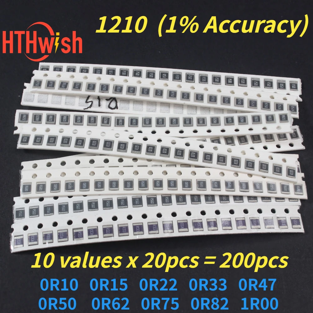 Kit resistore 200PCS 1210 10 tipi SMD 0.1R~0.82R 1% Resistenza in lega di bassa precisione Nuovo set assortito di resistenze chip