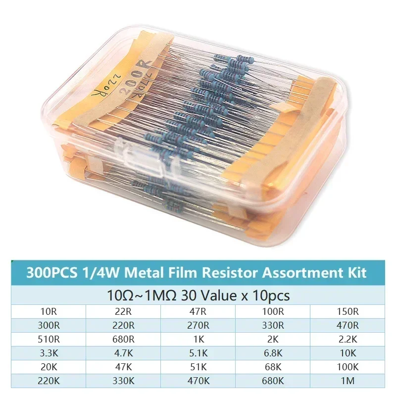 300/600PCS 30 Valori 1/4W Kit resistore a film metallico con scatola 10Ohm ~ 1M Resistenza 1% Set di resistori Kit resistore a film scatola