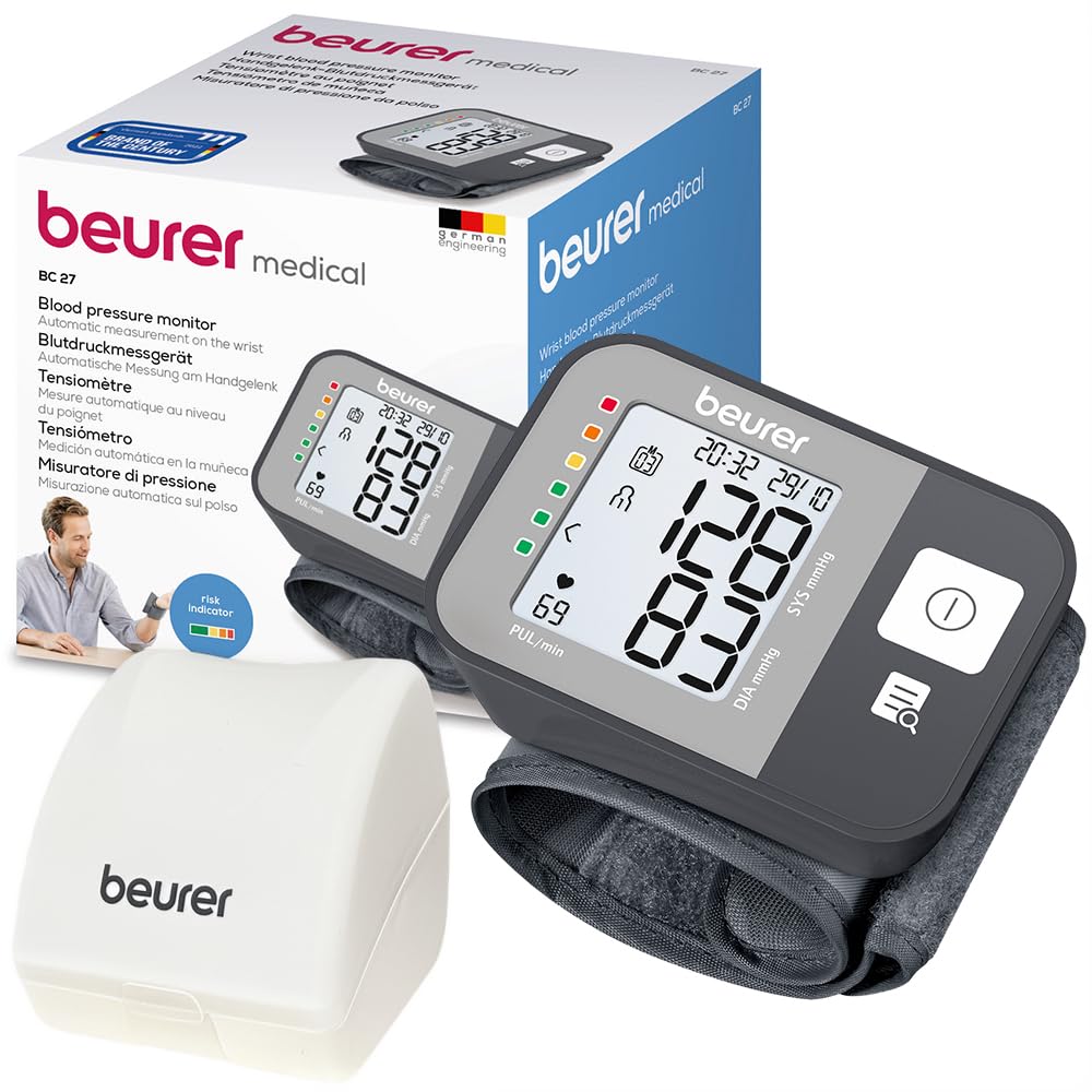 Beurer BC 27 Misuratore di pressione da polso con rilevamento aritmia, indicatore di rischio colorato, polso 14-19,5 cm, dispositivo medico, trasferimento dati a Apple Health