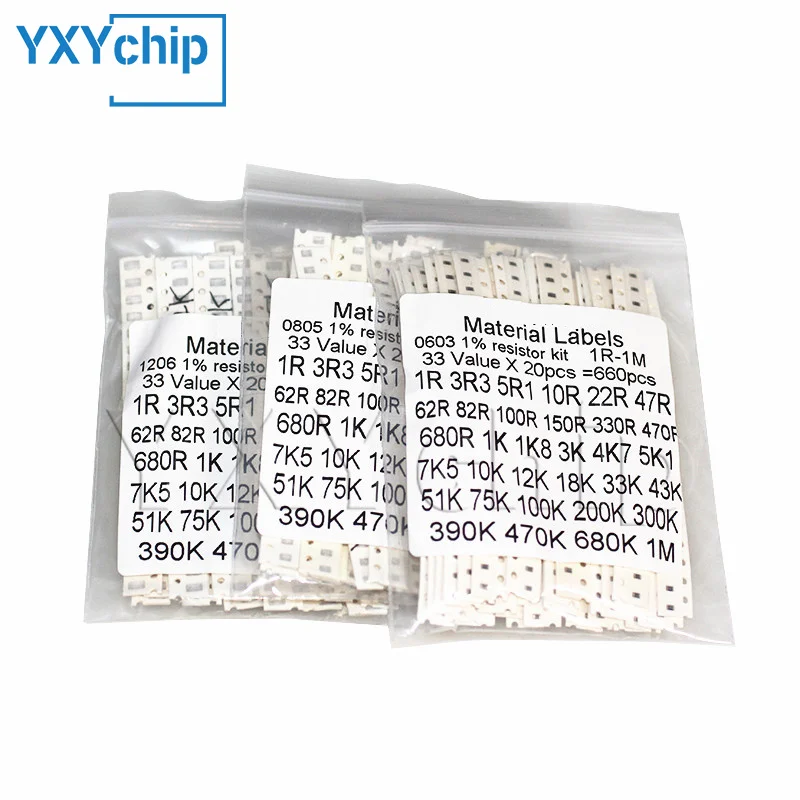 Kit Assortito di Resistenze SMD 0402 0603 0805 1206 1% 1210 2512 5% da 1 Ohm a 1M Ohm, 33 Valori * 20 Pezzi = 660 Pezzi