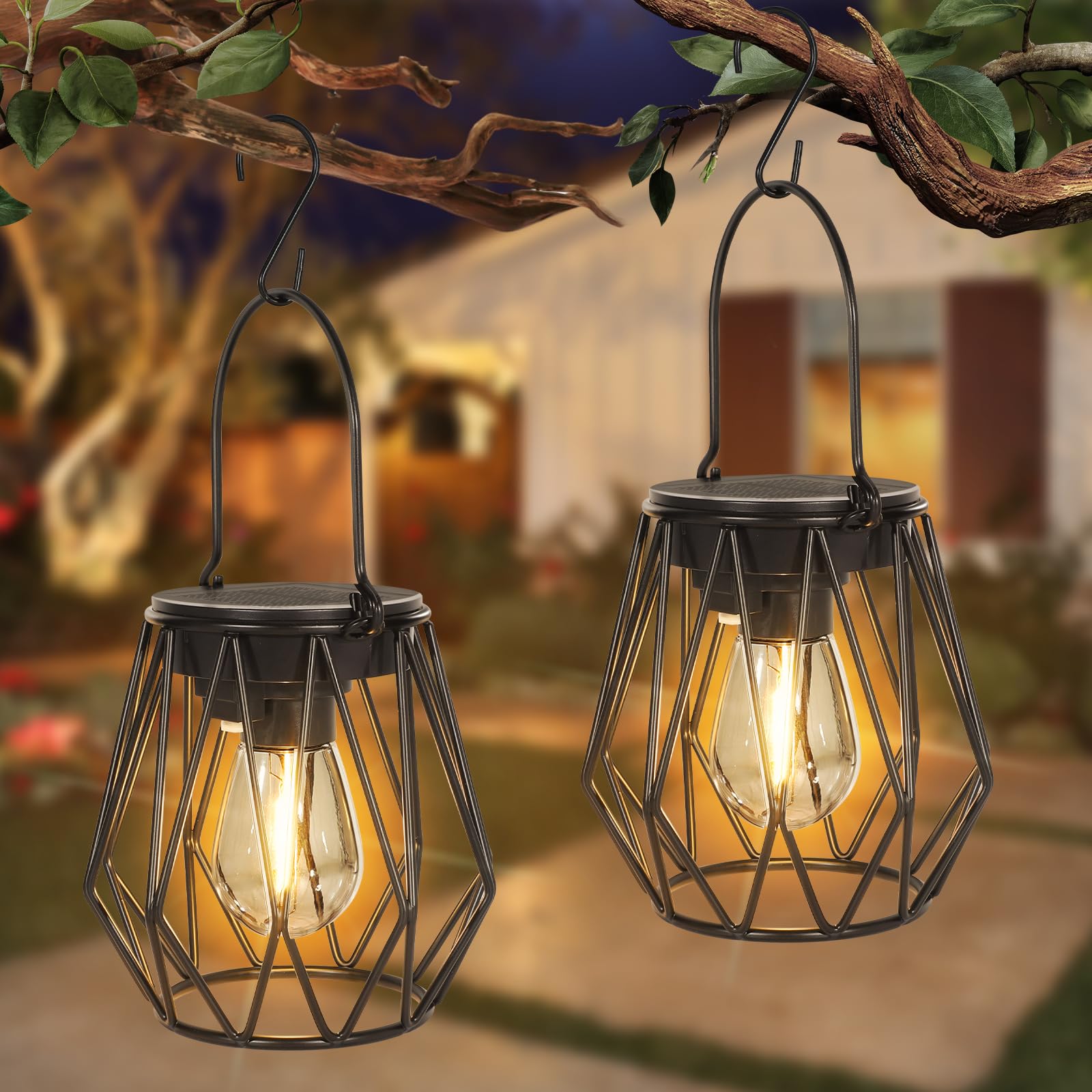 Dehobo Lanterne Solari da Esterno 2 Pezzi - LED Lampade Solari IP65 Impermeabile - Lampione Solare da Esterno Metallic con LED a Luce Bianca Calda 2700K per Decorazione e Campeggi…