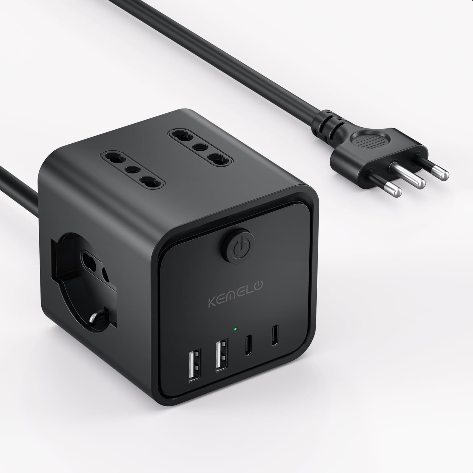 Ciabatta Elettrica Multipresa con 4 Prese Universali 10/16A ITA e Schuko, 2 M Prolunga Elettrica con 2 USB A+2 USB C,Presa Multipla Spina Piatta Salvaspazio con Interruttori per C…