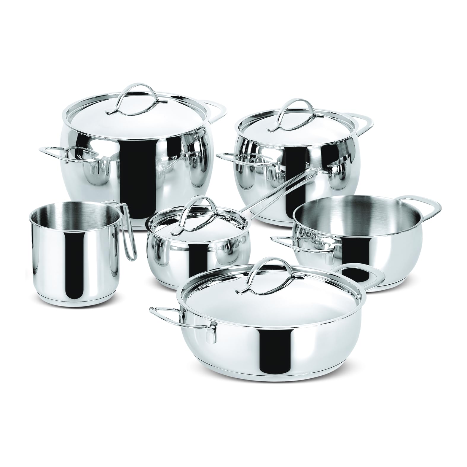 Lagostina Euforia, Set di Pentole in Acciaio Inox 18/10, 10 Pezzi | Comprende 3 Casseruole, 2 Pentole, Bollilatte, 4 Coperchi, con Fondo Lagoseal Plus, Per Induzione, Gas e Forno