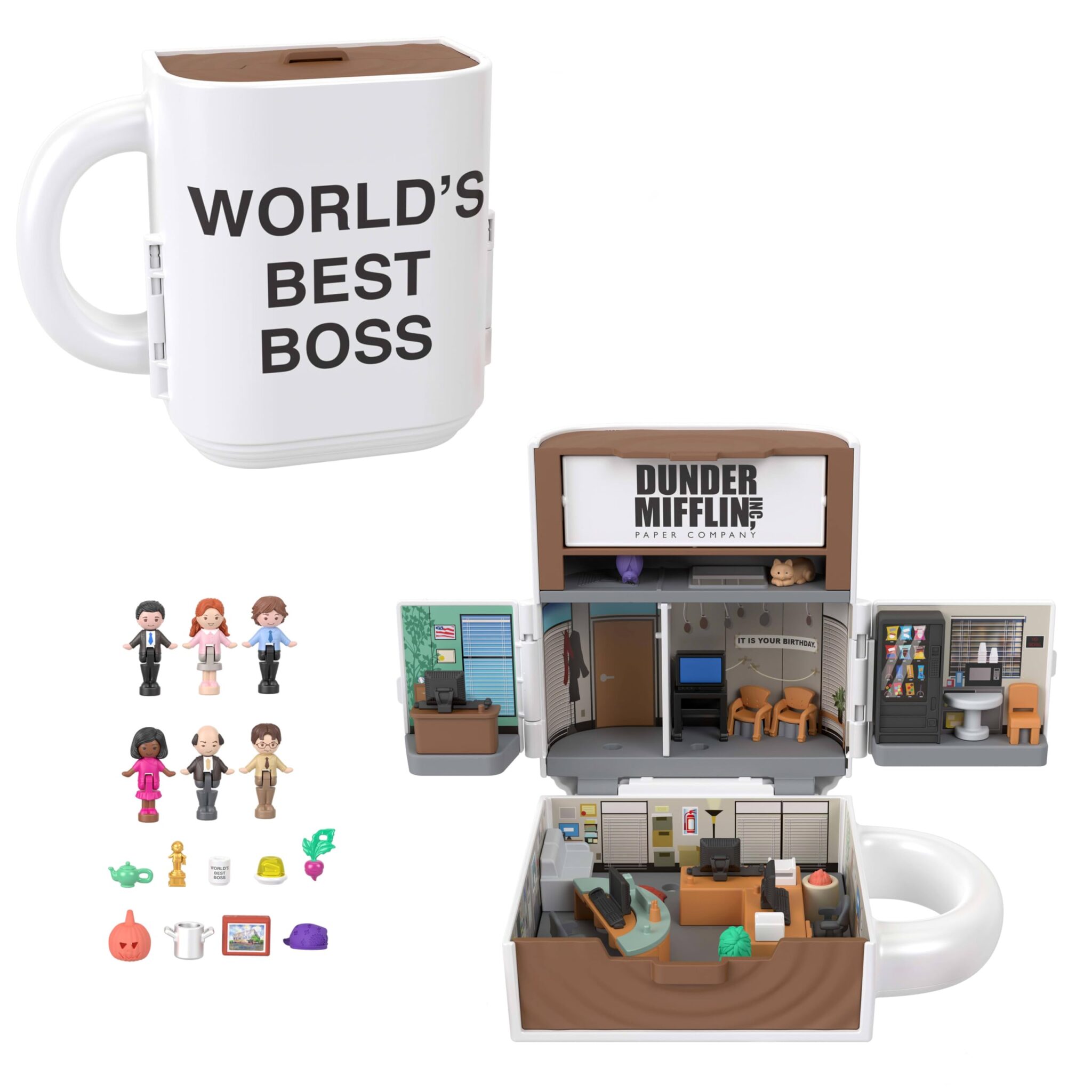 Polly Pocket x The Office Cofanetto da collezione | Cofanetto ispirato alla serie, 6 micro-bambole, 9 accessori, 5 posti Dunder Mifflin, tazza da caffè all'aperto, JCC19