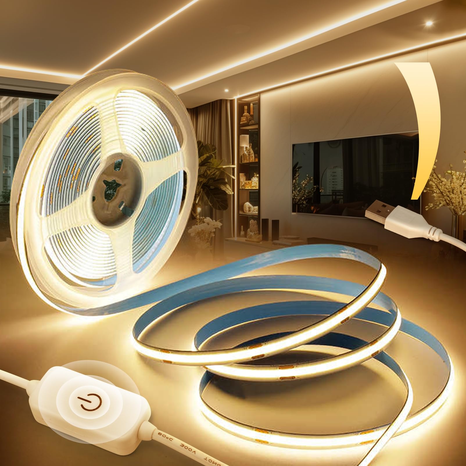 BRIMETI Strisca LED COB USB 5M Autoadesivo Tubo LED Bianco Caldo 3000K 5V, 320LEDs/M Strisce LED Dimmerabili Larghezza 8mm Retroilluminazione TV, Nastro Luci Flessibile, per Cucin…