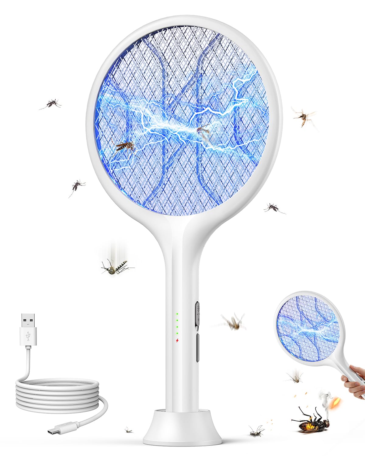 VIWAVE Racchetta Zanzare Elettrica 4000V, 2 in 1 con Luce UV e Base, 1800mAh USB-C Ricaricabile, Maglia a 3 Strati, Racchetta Antizanzare per Interni ed Esterni, bianca