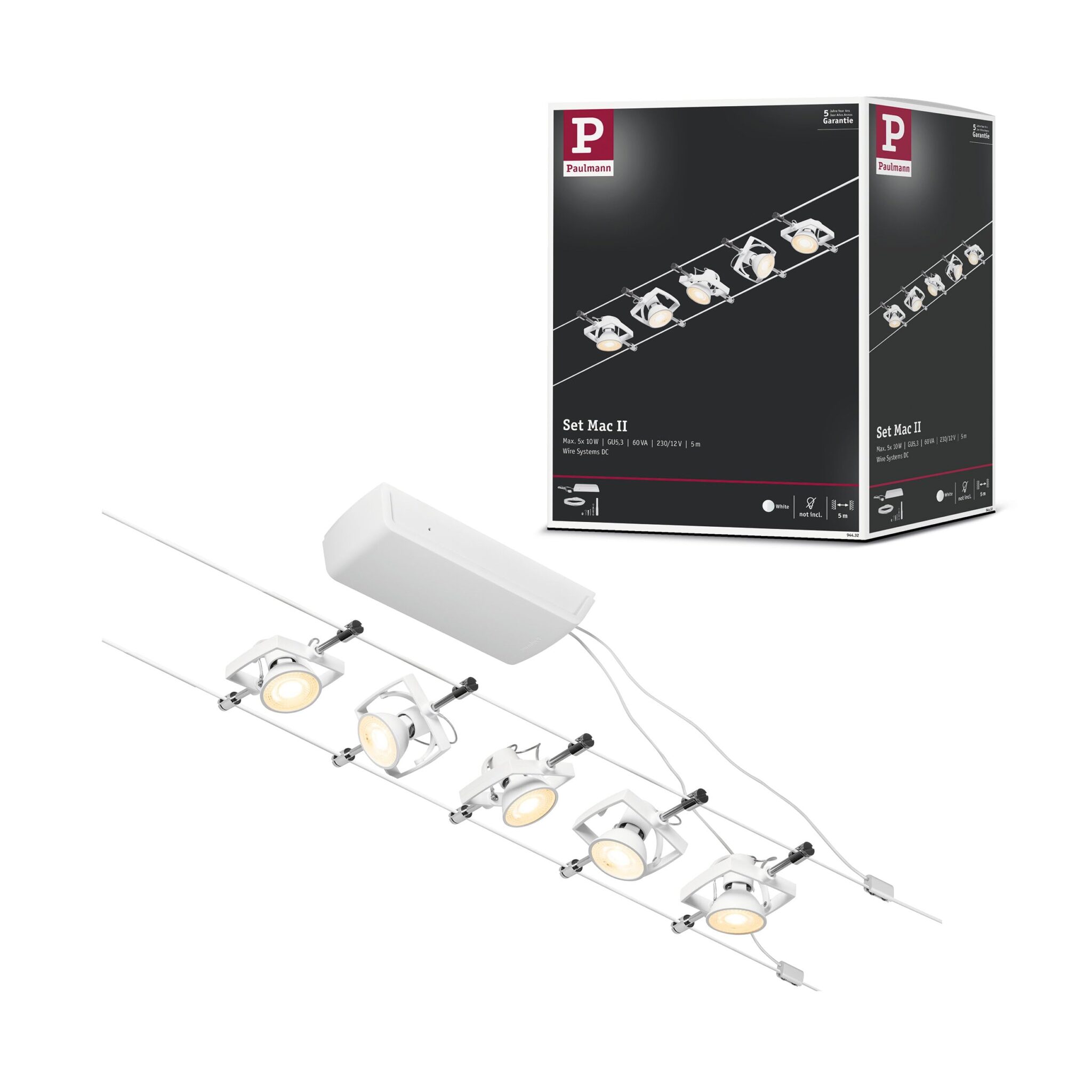 Paulmann CorDuo, sistema di cavi per faretti, 94432, set Mac II, massima CC 5 pezzi da 10 Watt l’uno, estensibile, bianco, opaco, cavi in plastica, GU 5,3, senza lampadine