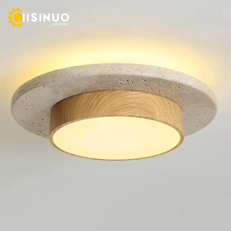 Plafoniere rotonde in pietra gialla naturale retrò Wabi Sabi D22cm LED28w 3000K/6000k Noce/legno per corridoi balcone soggiorno