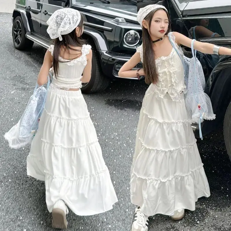 Completo Estivo per Ragazze: Top in Pizzo e Gonna Lunga, Set Due Pezzi alla Moda per Bambine e Adolescenti, Taglia 12