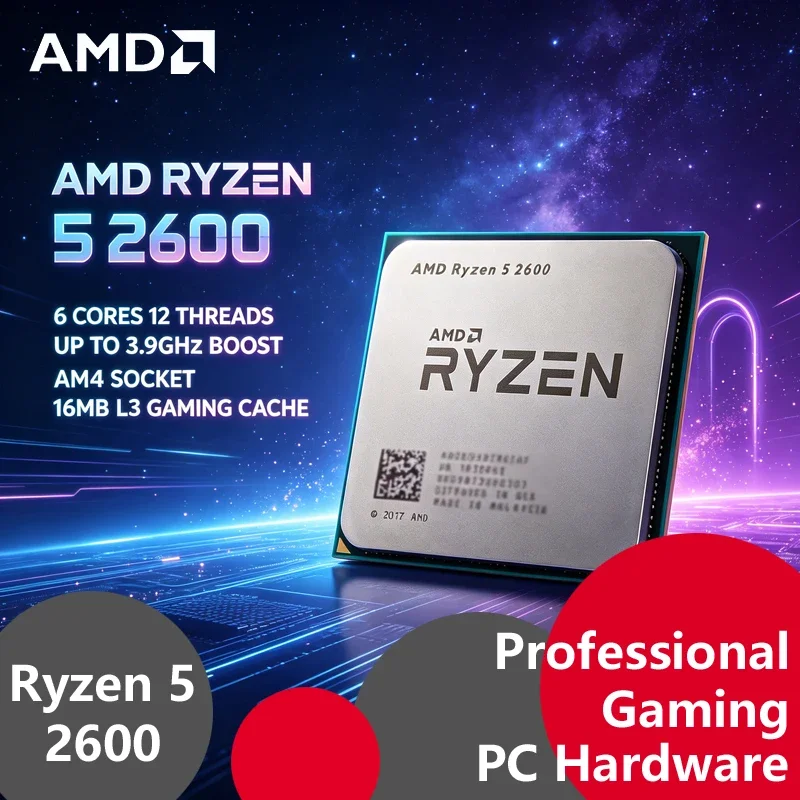 Processore AMD Ryzen 5 2600 CPU Tray, 6 Core 12 Thread, Base 3.4GHz, Max 3.9GHz, Cache 16MB, 65W Basso Consumo, Socket AM4, per Desktop Gaming