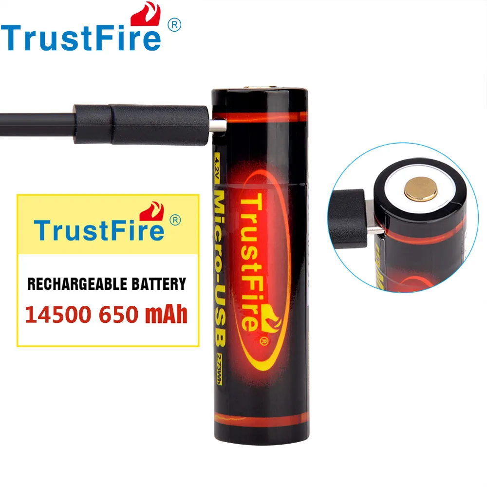 Batteria Trustfire 14500 650mAh Ricaricabile USB al Litio 3.7V