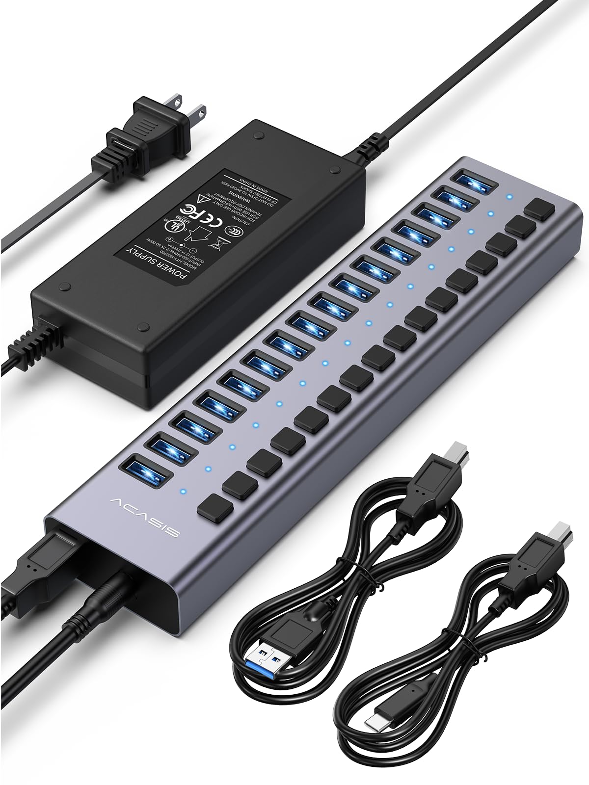 ACASIS Hub USB 3.2 Alimentato 16 Porte 10Gbps Multipresa Usb | Adattatore 96W, Interruttori Indipendenti, Alluminio, per PC/Laptop, compatibile Mac/Windows/Linux